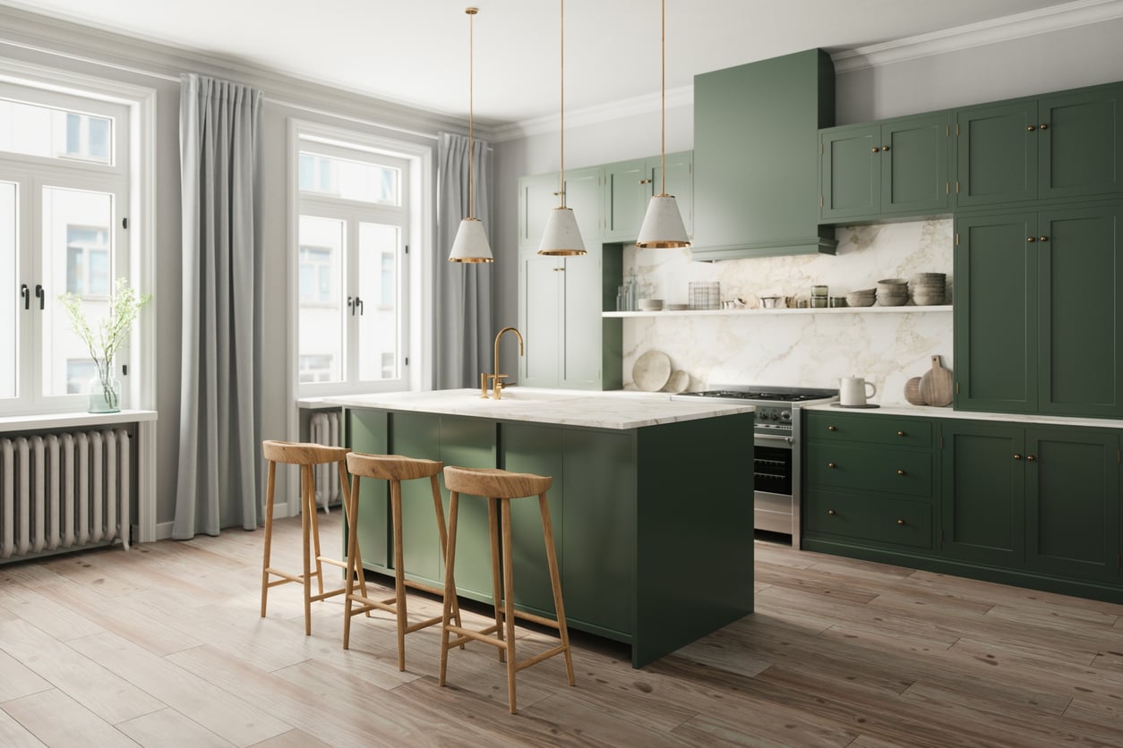 Interior of a bright, contemporary kitchen features a large island with seating.